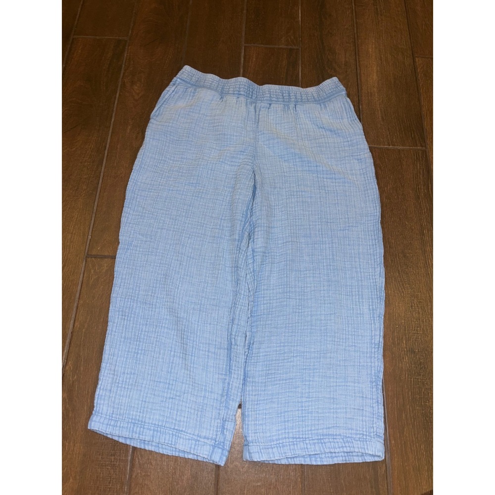 Pure Jill Gauze Crop Pants L Petite Blue Elastic Waist Wide Leg Cotton Relaxed